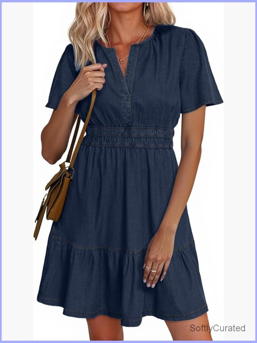 Western Cowgirl Denim Mini Dress Pockets Short Sleeve Tiered Jean Dress